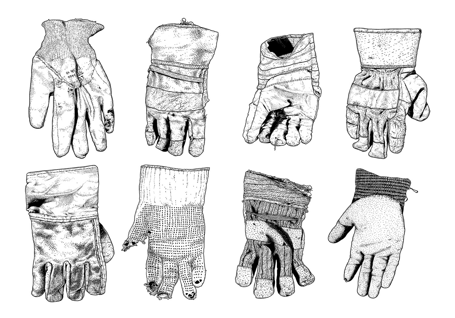 Konvolut „Handschuhe“, 1-farbige Serigraphie auf Karton (handgedruckt), erste Auflage, 10 Stück, 2014, 100×7
