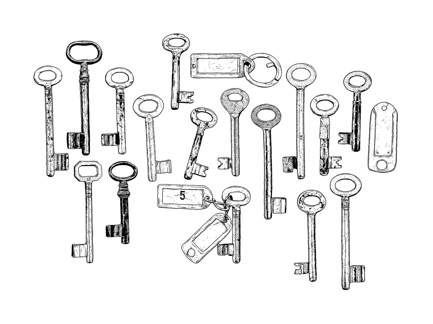 Konvolutserie „Schlüssel“, Schlüsselblatt 04 (Einsteckschloss-Schlüssel, Zimmertür-Kastenschloss-Schlüssel), 1-farbige Serigraphie auf Karton (handgedruckt), erste Auflage, 10 Stück, 2014, 80×60