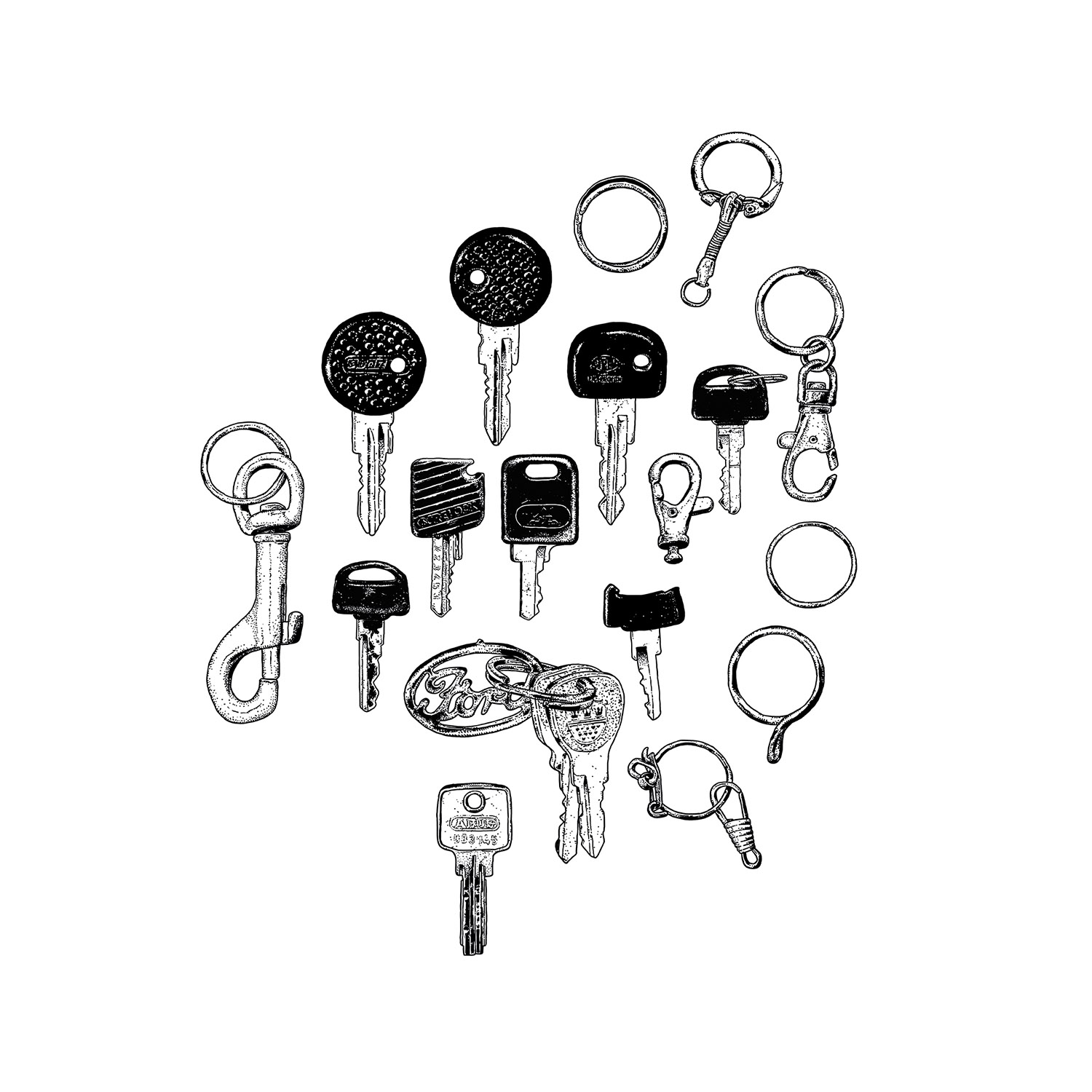 Konvolutserie „Schlüssel“, Schlüsselblatt 03 (Zylinderschloss-Schlüssel), 1-farbige Serigraphie auf Karton (handgedruckt), erste Auflage, 10 Stück, 2014, 70×70