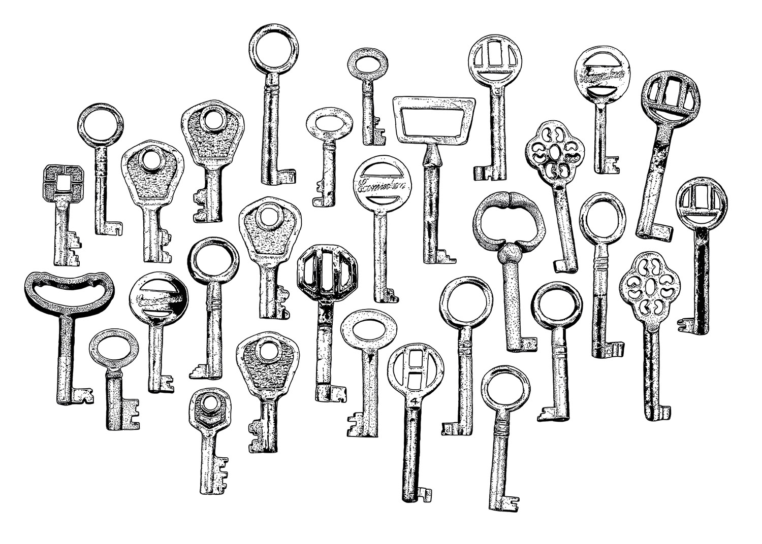 Konvolutserie „Schlüssel“, Schlüsselblatt 05 (Möbelschloss-Schlüssel, Truhenschlüssel), 1-farbige Serigraphie auf Karton (handgedruckt), erste Auflage, 10 Stück, 2014, 70×50