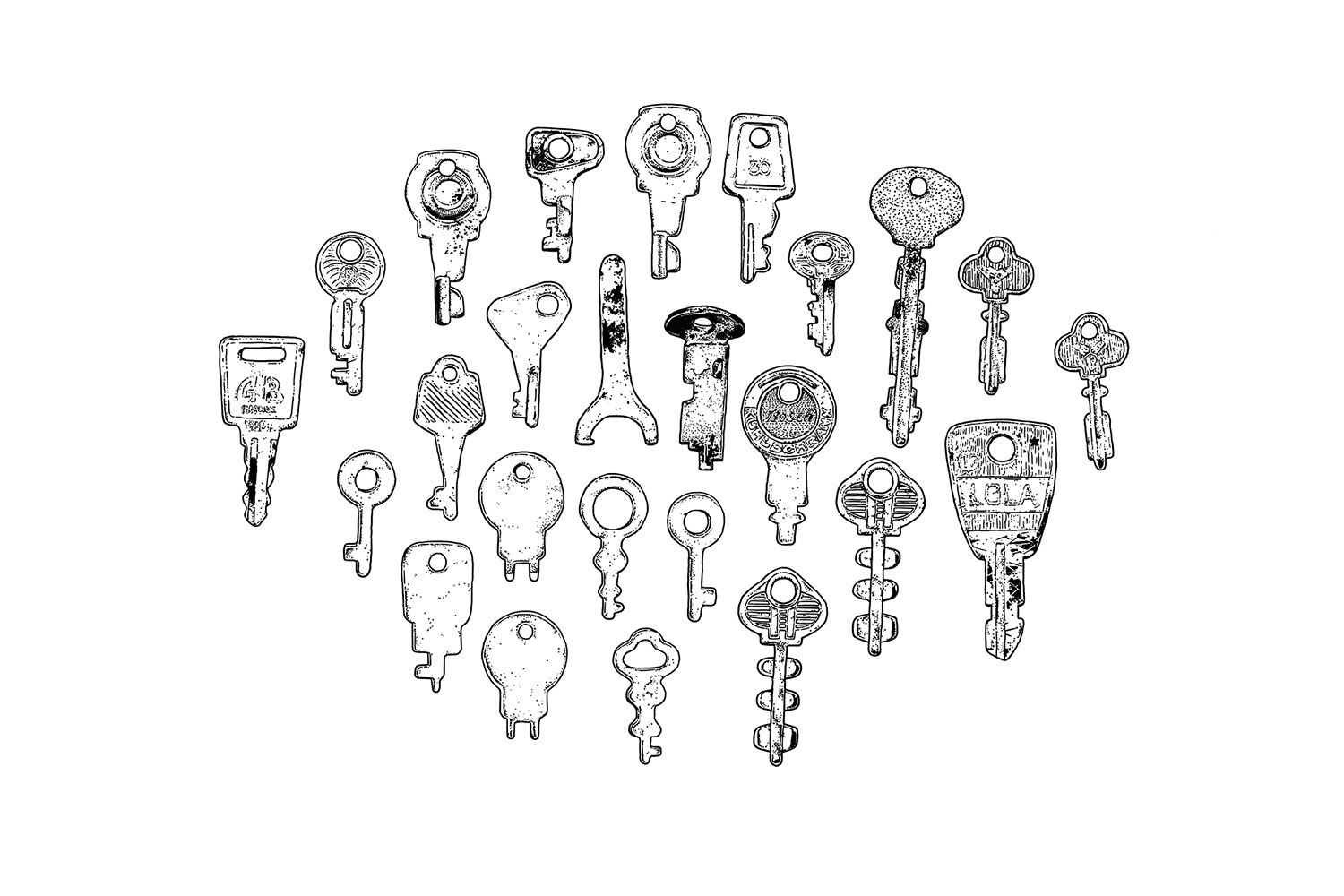 Konvolutserie „Schlüssel“, Schlüsselblatt 01 (Schliessfach-Schlüssel, Automaten-Schlüssel, Werkzeug-Schlüssel), 1-farbige Serigraphie auf Karton (handgedruckt), erste Auflage, 10 Stück, 2014, 60×40